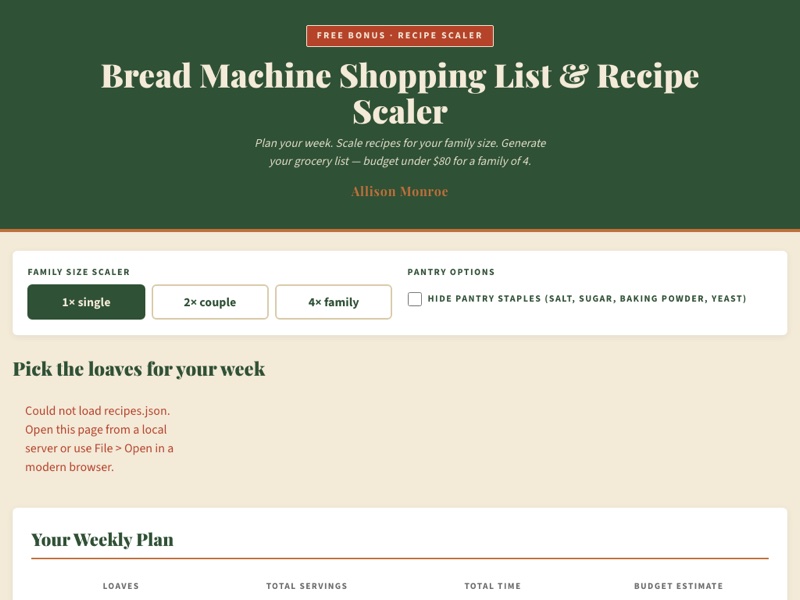 Preview of the Bread Machine Shopping List and Recipe Scaler web app