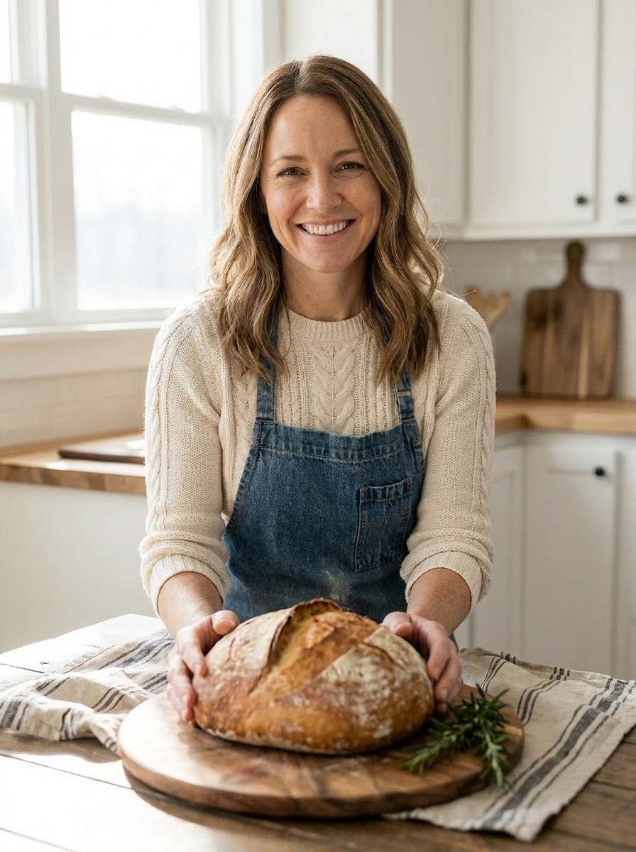 Allison Monroe holding a fresh loaf of bread in her kitchen